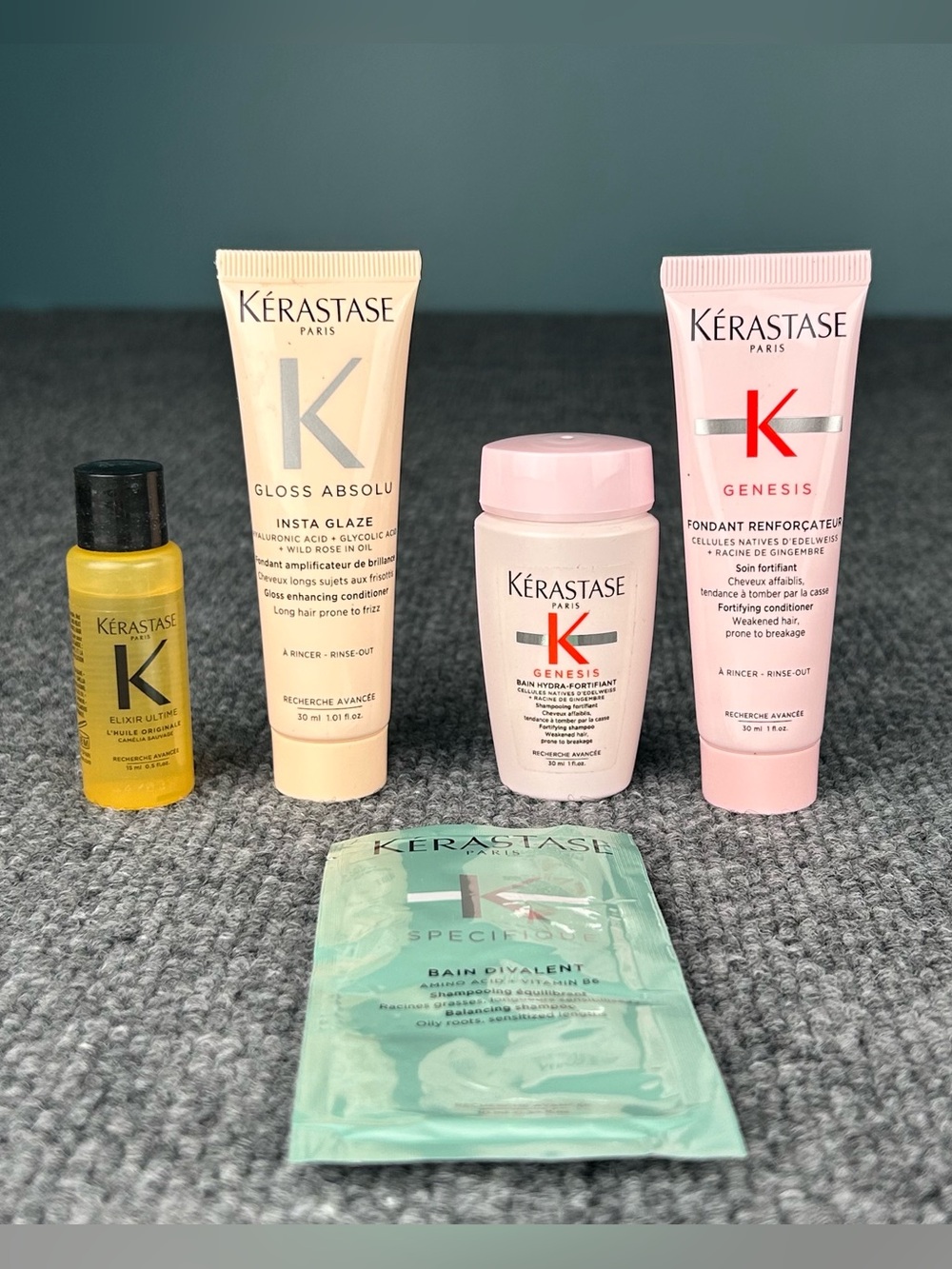 Kerastase Paris Travel Hair Sample Variety Set of 5 Elixir Genesis Gloss Shampoo
